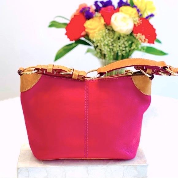 🦆Dooney & Bourke Premium Leather Handbag w/Logo Keychain, Sz Small, Pink & Tan - Picture 2 of 8